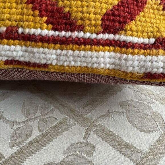 Red Gold Geometric Wool Needlepoint Boho Accent Pillow 14 inches Square Handmade - Picture 9 of 11
